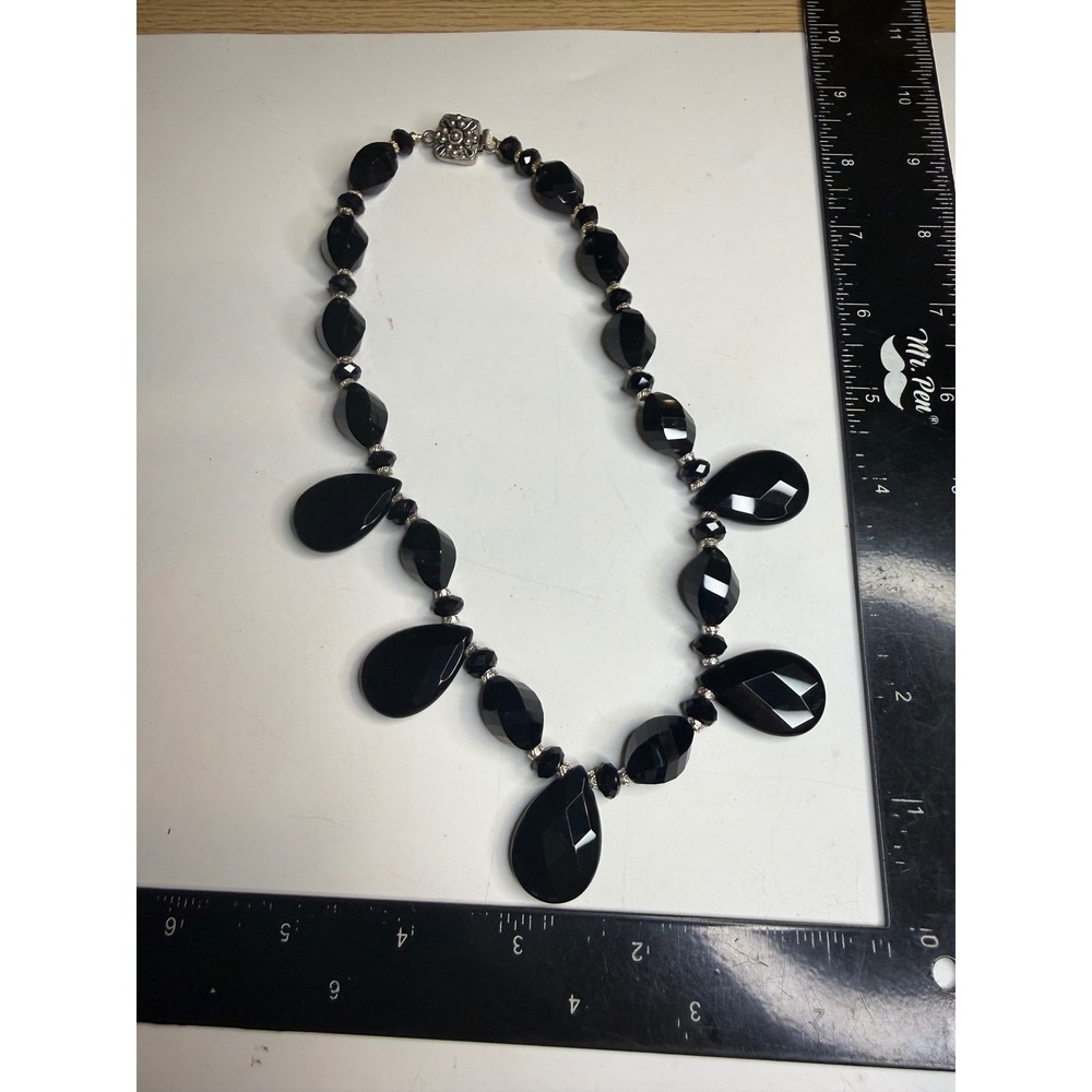 Black Faceted Teardrop Bead Statement Necklace Silver Tone Ornate Box Clasp 18in